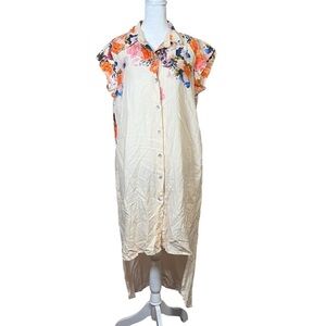 Cristina Vergani Italy Linen Hi-Low Floral Shirt Dress Button-Up Boho Midi Sz L